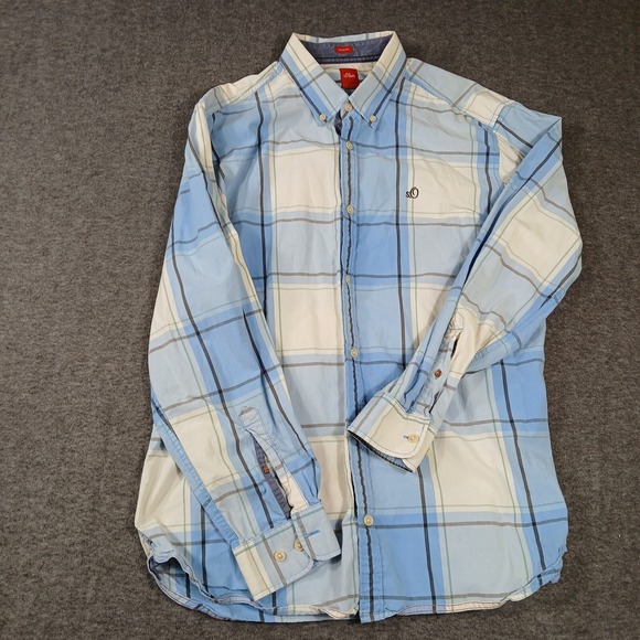 S Oliver Mens Regular Fit Size XL Blue White Button Down Plaid Long Sleeve Shirt - Picture 2 of 10